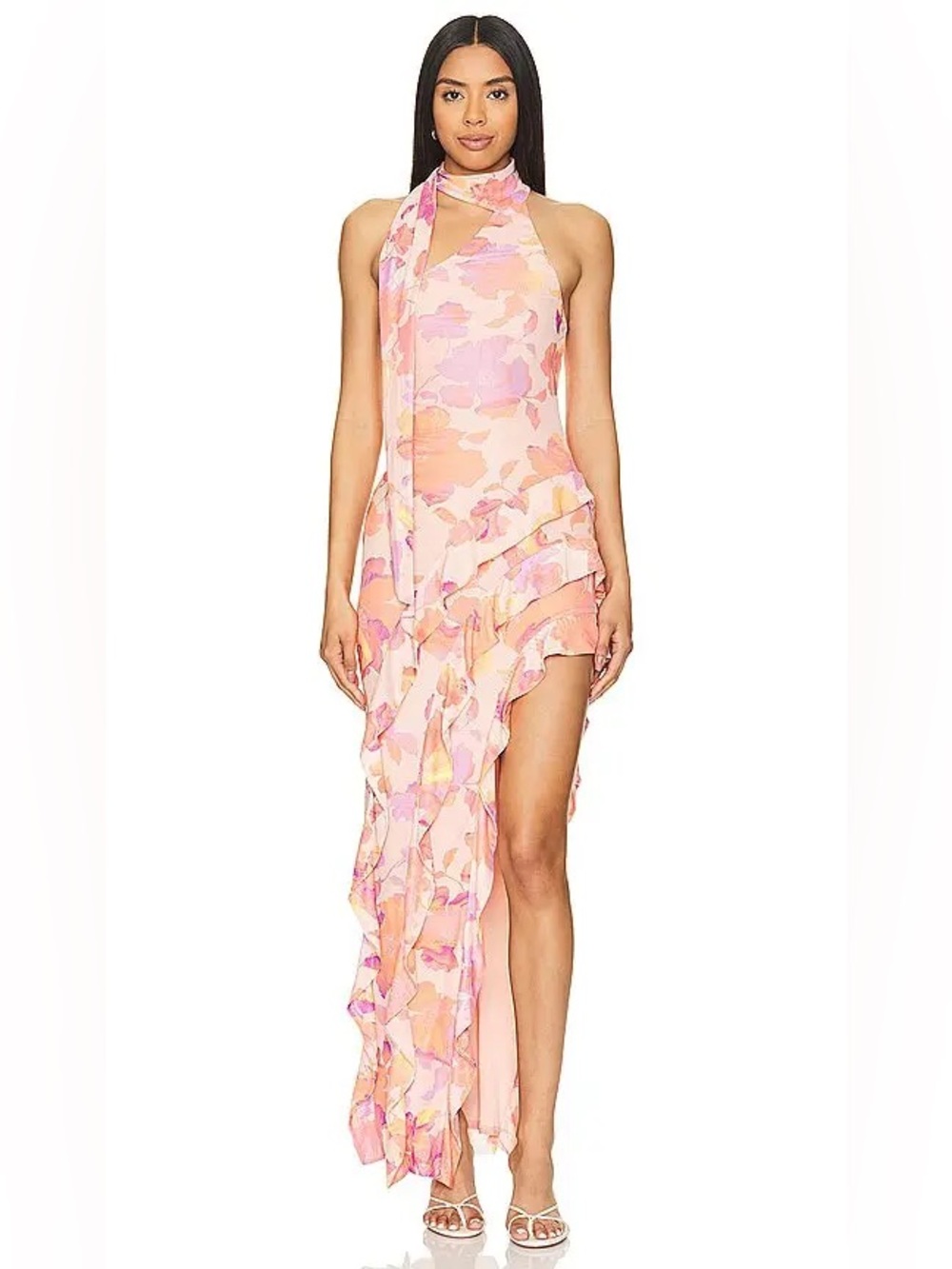 AFRM Pink Peach Floral Halter Ruffle Maxi Dress